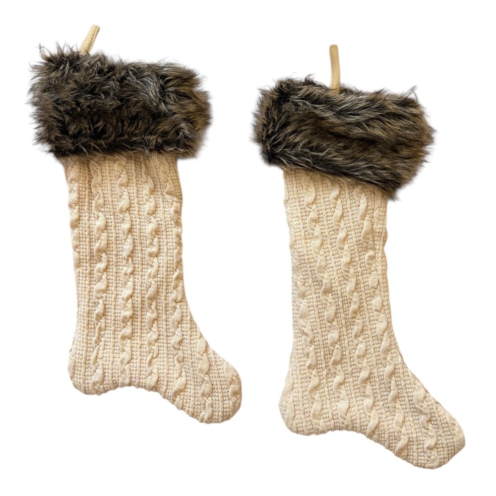 Life at Home Christmas Cream Cable Knit Faux‎ Fur Christmas Stockings Set